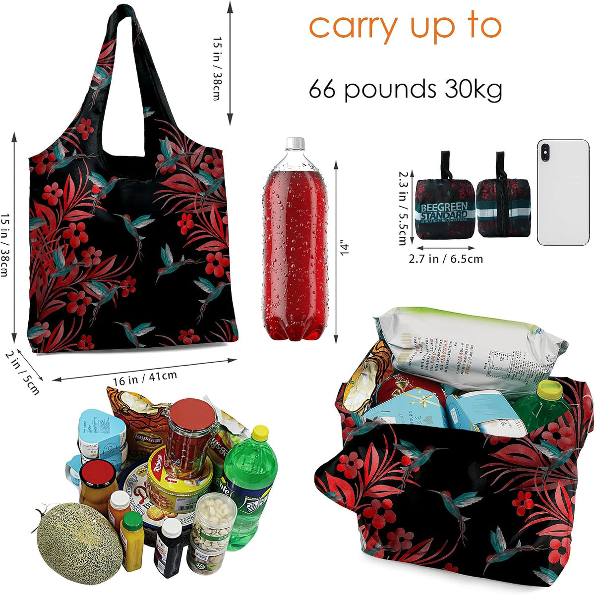 Reusable Grocery Shopping Bag -Travel Tote Bag - Foldable Compact Sturdy Bags