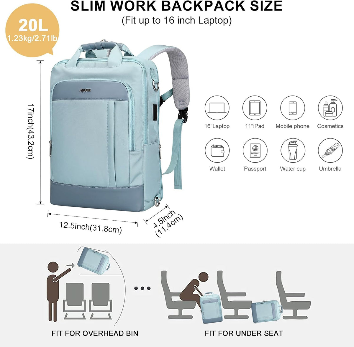 Travel Backpack for Women Men, Slim Laptop Daypack Fits Under Seat | 3-In-1 Carry on Bag with TSA-Friendly 180° Opening, USB Port, Fits 16" Laptop for Business, Work, Daily