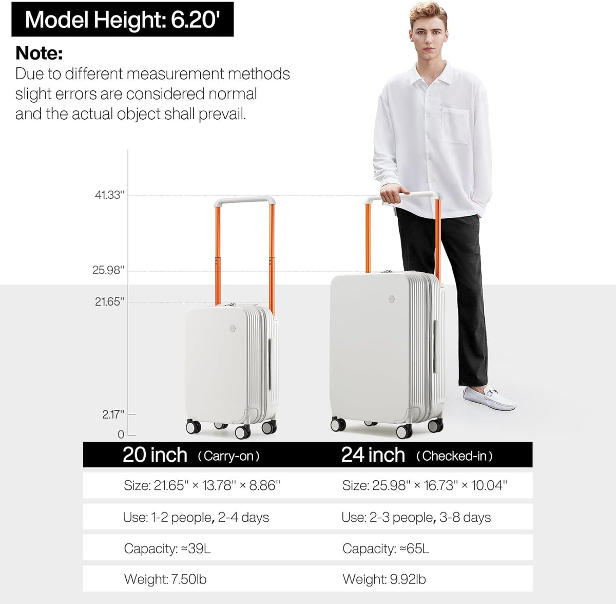 Carry On Luggage Airline Approved Wide Handle Lightweight Luggage PC Hard Shell Suitcases Rolling Suitcases with Spinner Wheels & TSA Lock, 20 Inch Smoke White