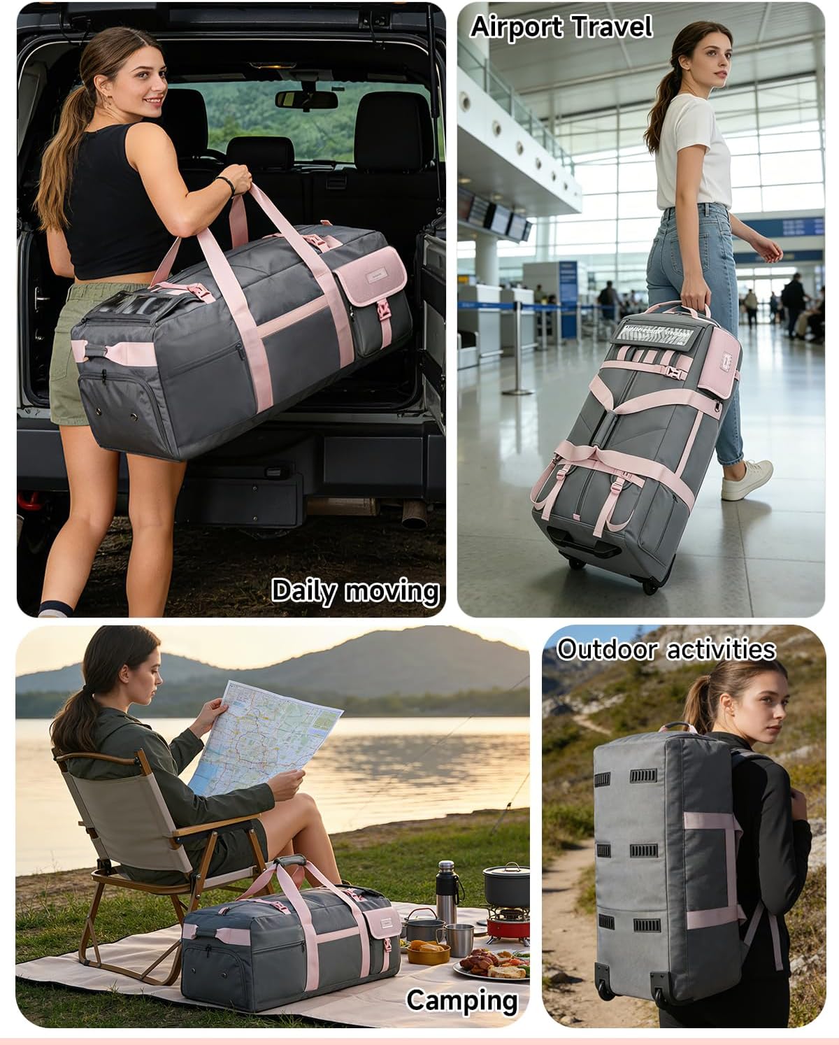 90L Rolling Duffel Bag with Wheels, 4-way Carry Foldable Large Travel Duffle with Backpack Straps & Shoe Compartment, Heavy Duty Luggage for Weekend, Camping, Moving, Includes 3 Organizers