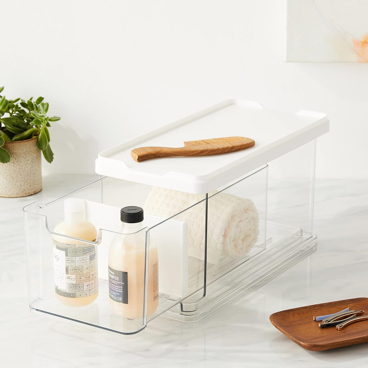 The Sarah Tanno Collection Medium Stacking Cosmetic Drawer Organizer with Lid and Divider, Clear/White