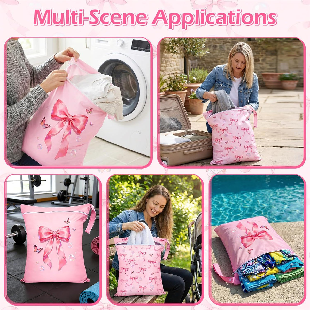 2 Pcs Large Travel Laundry Bags Waterproof Wet Dry Bag, Washable Dirty Clothes Bags for Travel,Drawstring, Bathing Suit, Workout, Gym Clothes Laundry, Swimming Pool & College Dorm, Pink Bow