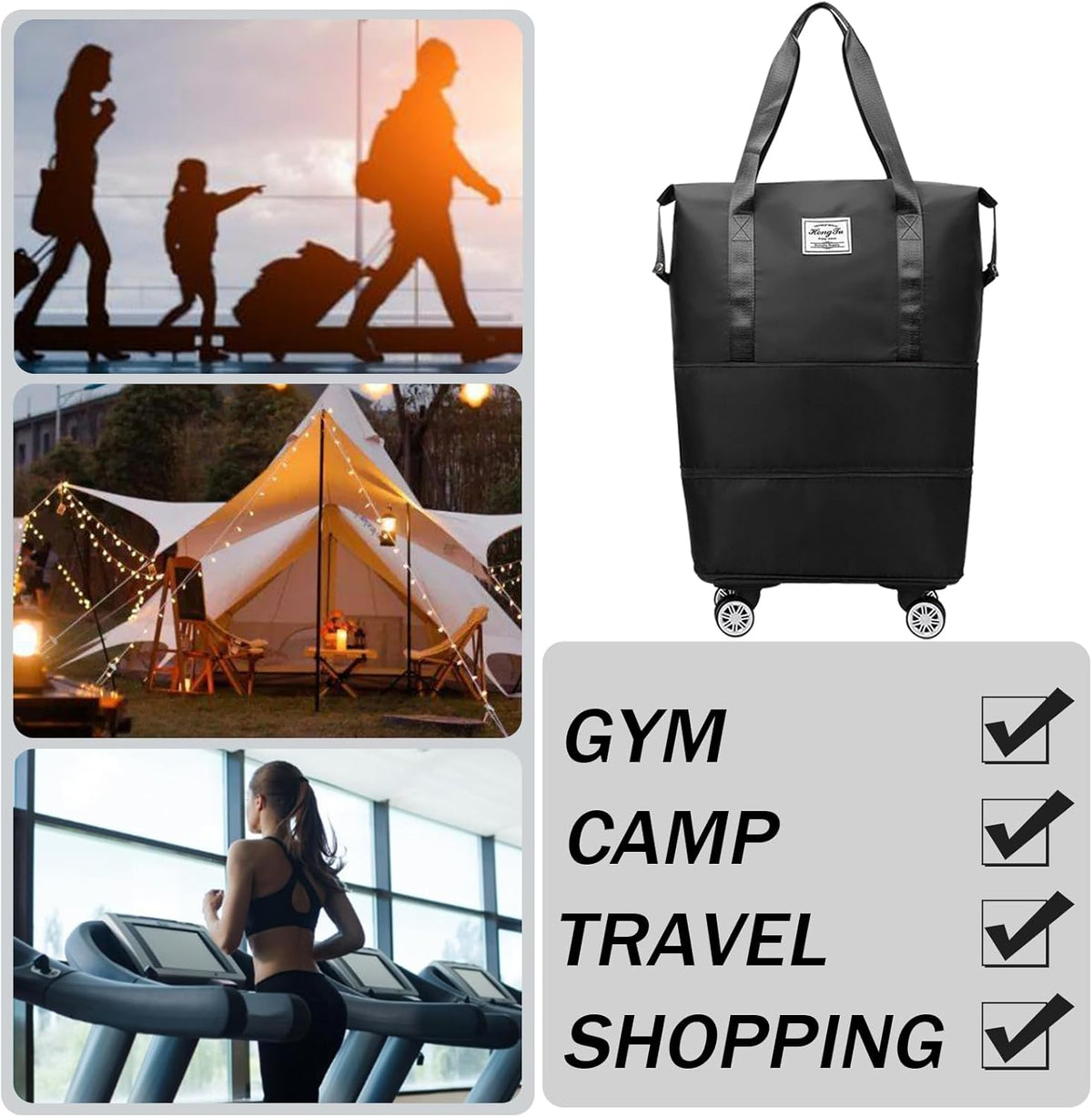 Rolling Duffle Bag with Detachable Wheels Expandable Foldable Duffle Bag for Travel Luggage bag Carry on Weekend Travel Bag (Black)