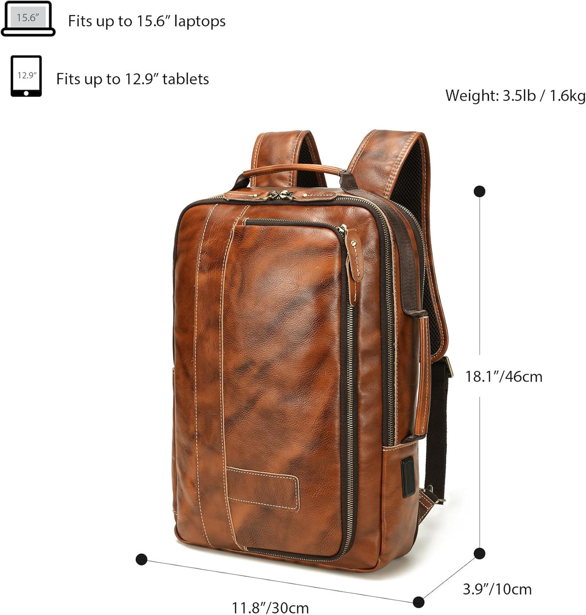 Men's Full Grain Leather Expandable 15.6 Laptop Backpack Tote Shoulder Travel Bag Rucksack