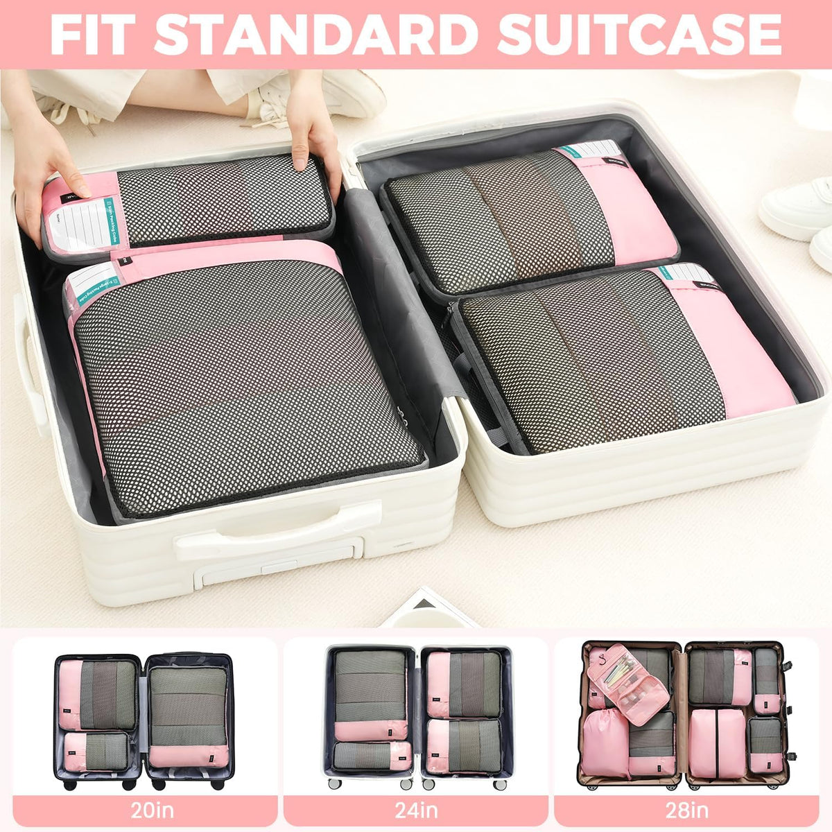 4 Set/6 Set/8 Set Compression Packing Cubes Travel Accessories Expandable Packing Organizers (Half Mesh, 6-Black) - Colors A
