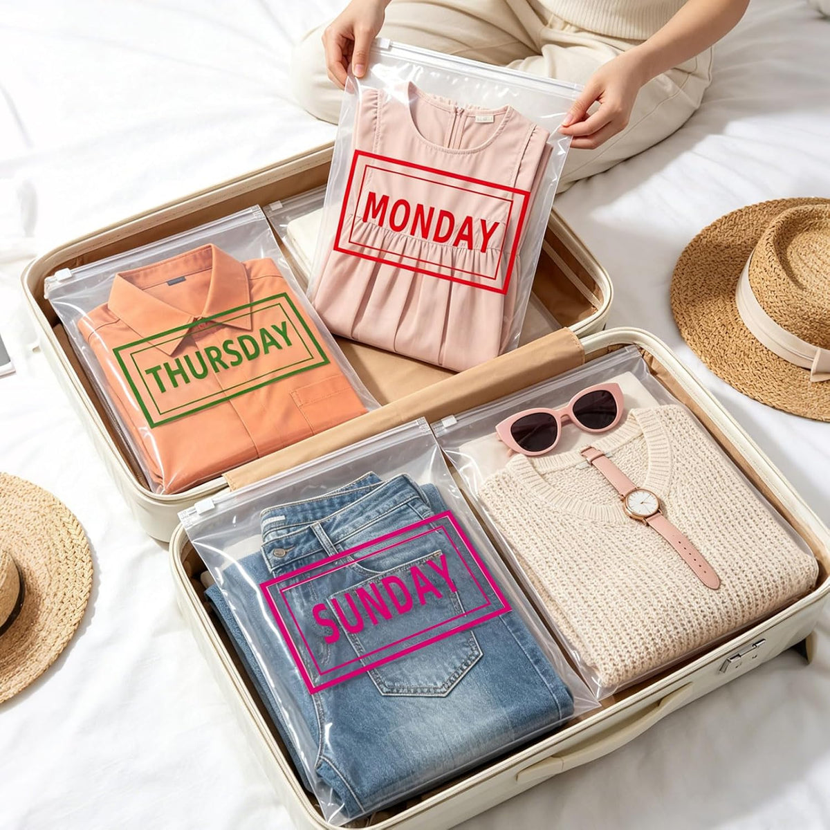 28 Pcs Days of the Week Packing Cubes for Travel Clear Compression Packing Organizers for Suitcase Daily Planner Travel Bags for Clothes Reusable Zippered Luggage Storage Bag