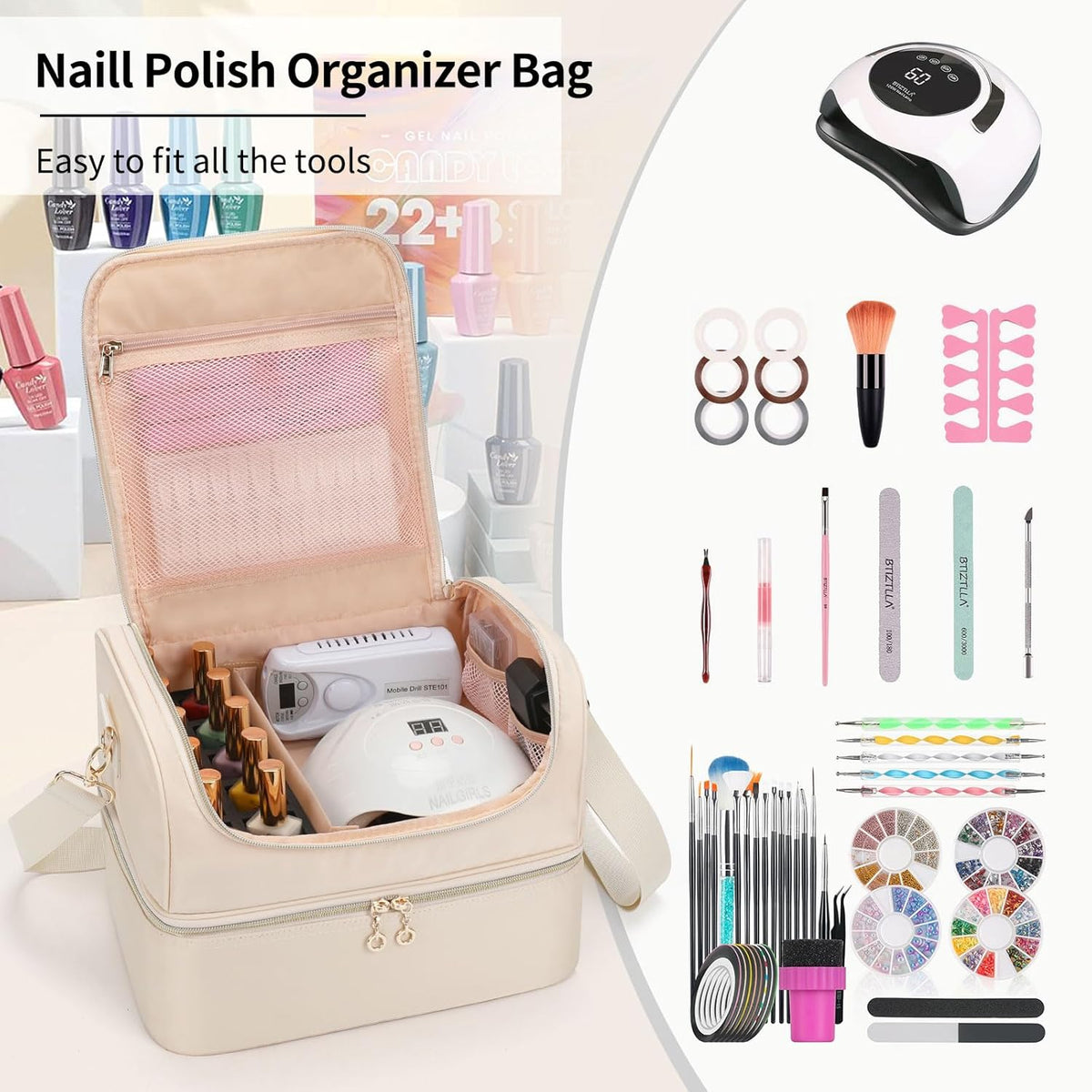 Nail Polish Organizer Case, Nail Supplies Storage Box Holds 117 Bottles Nail Polish & Nail Lamp, Travel Nail Tech Carrying Case, Nail Kit Bag For Nail Stuff & Manicure Tools