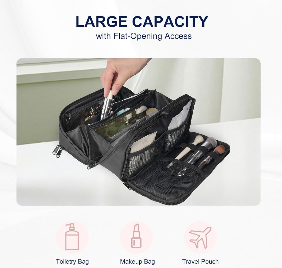 Travel Toiletry Bag Large Cosmetic Makeup Bag Organizer for Women,Wide-open Make Up Bag Waterproof Makeup Case Travel Bag with Handle and Dividers for Toiletries,Essentials,Accessories,Dark Pink