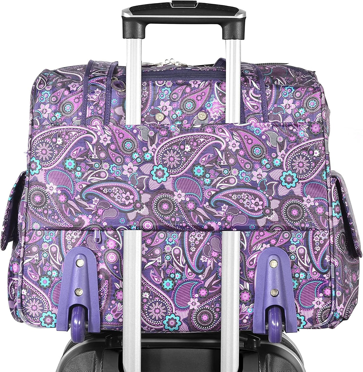 . Deluxe Lightweight Rolling Overnighter Case Overnight Laptop Bag Weekender Travel Carry-On Suitcase Luggage with Wheels and Adjustable Push-Down Handle