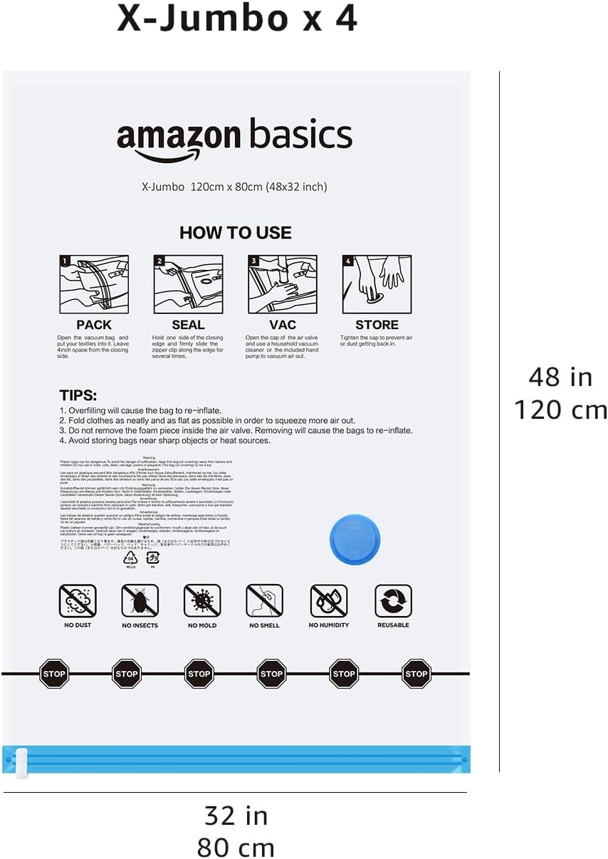 Vacuum Storage Bags, Compression Space Saving for Clothes and Linens, Reusable with Hand Pump, Large, Clear, 5-Pack