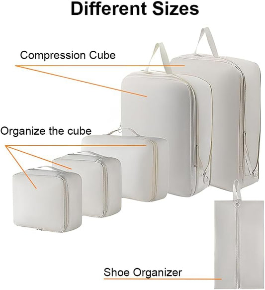 6 Set Compression Packing Cubes for Travel, Compressible, Lightweight, Space-Saving Luggage Organizer Bags for Organizing Clothes Shoes, Travel Accessories, Beige