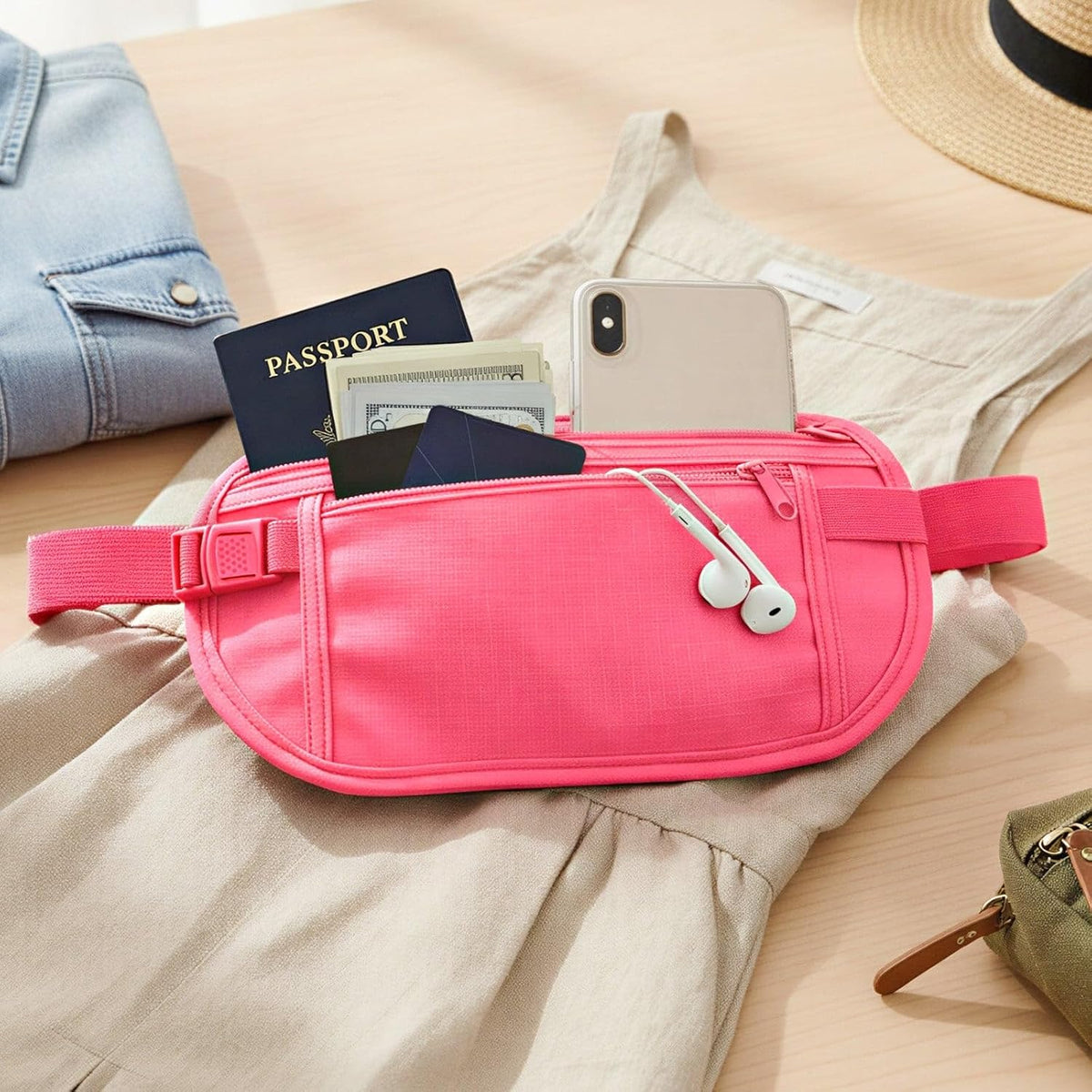 Slim Fanny Pack, Hidden Money Belt, Secure Travel Pouch Protects Cash, Cards, Passport, Travel Documents, and Smartphone, Beige
