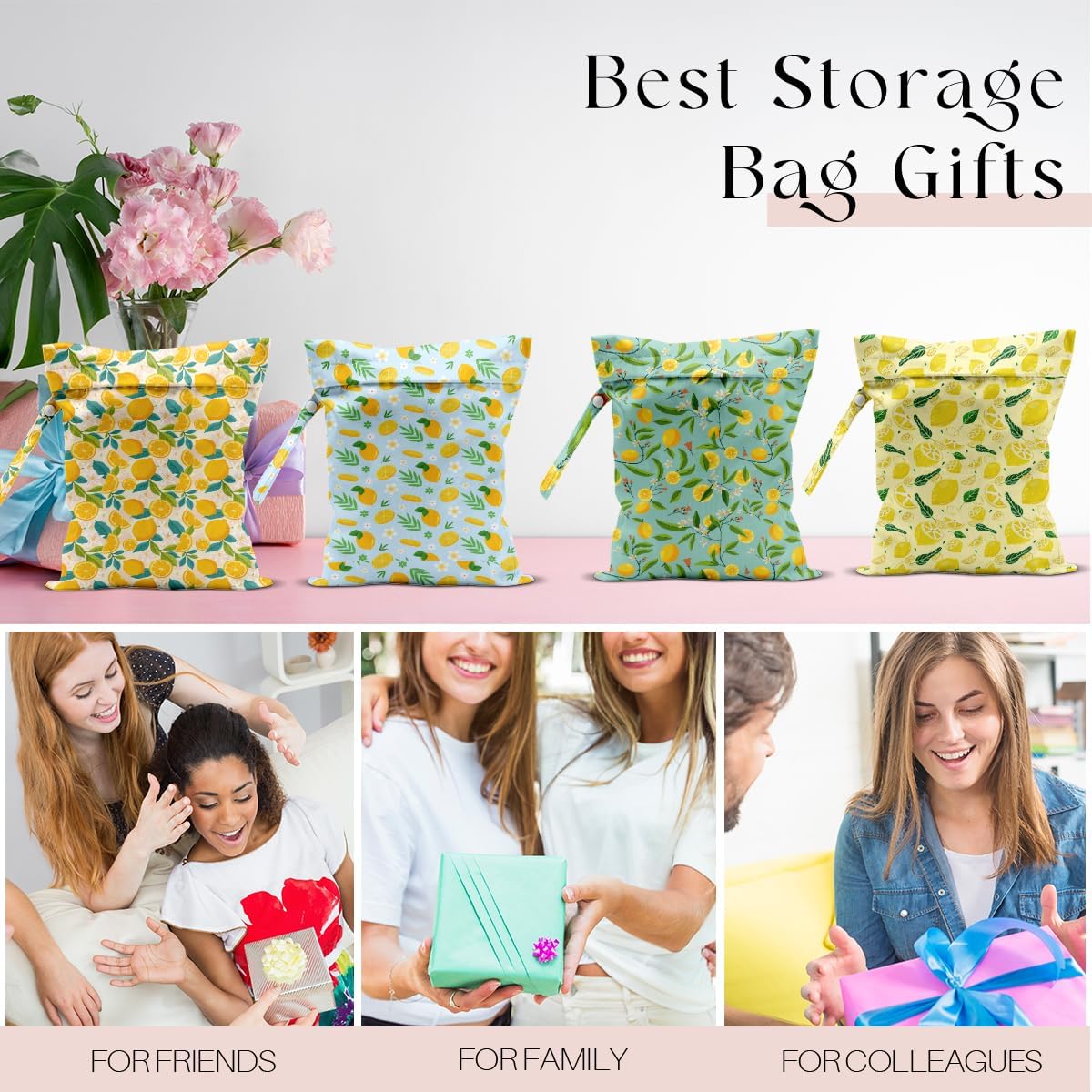 4 Pack Lemon Print Wet Dry Bags, Waterproof Summer Beach Travel Swimsuit Bags, Reusable Gym Toiletry Bags, Vacation Gifts for Friends