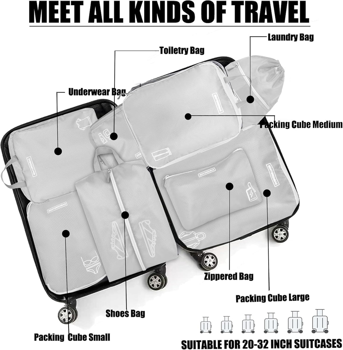 8 Set Expandable Compression Packing Cubes for Suitcases Travel Essentials Carry On Waterproof Storage Bag With Dry And Wet Separation Dark Blue
