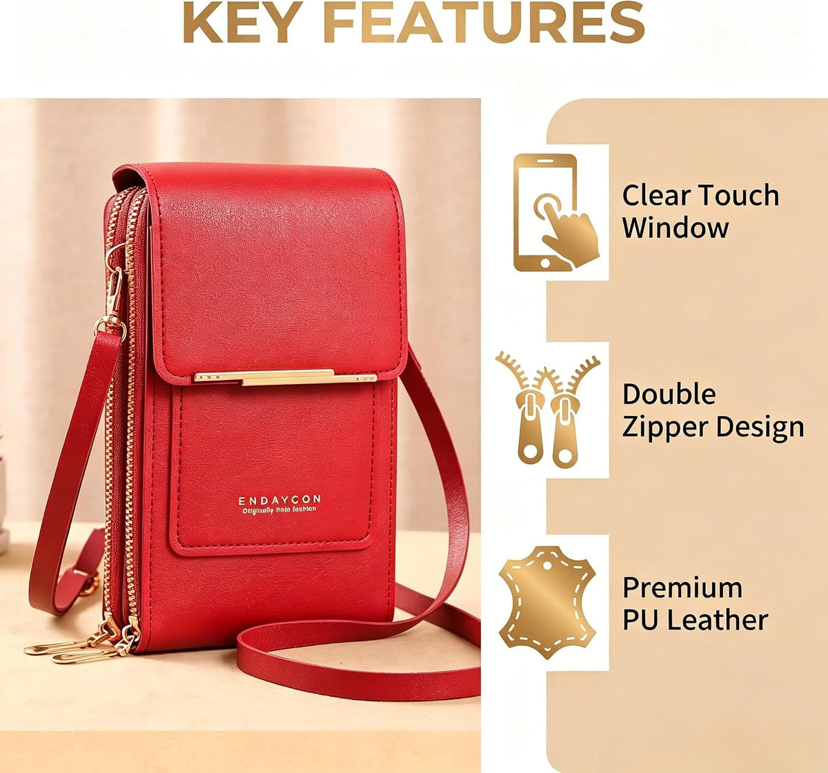 Touchscreen Phone Crossbody Bag with See-Through Window, Dual Zippers & Multi Card Slots, Cell Phone Purses