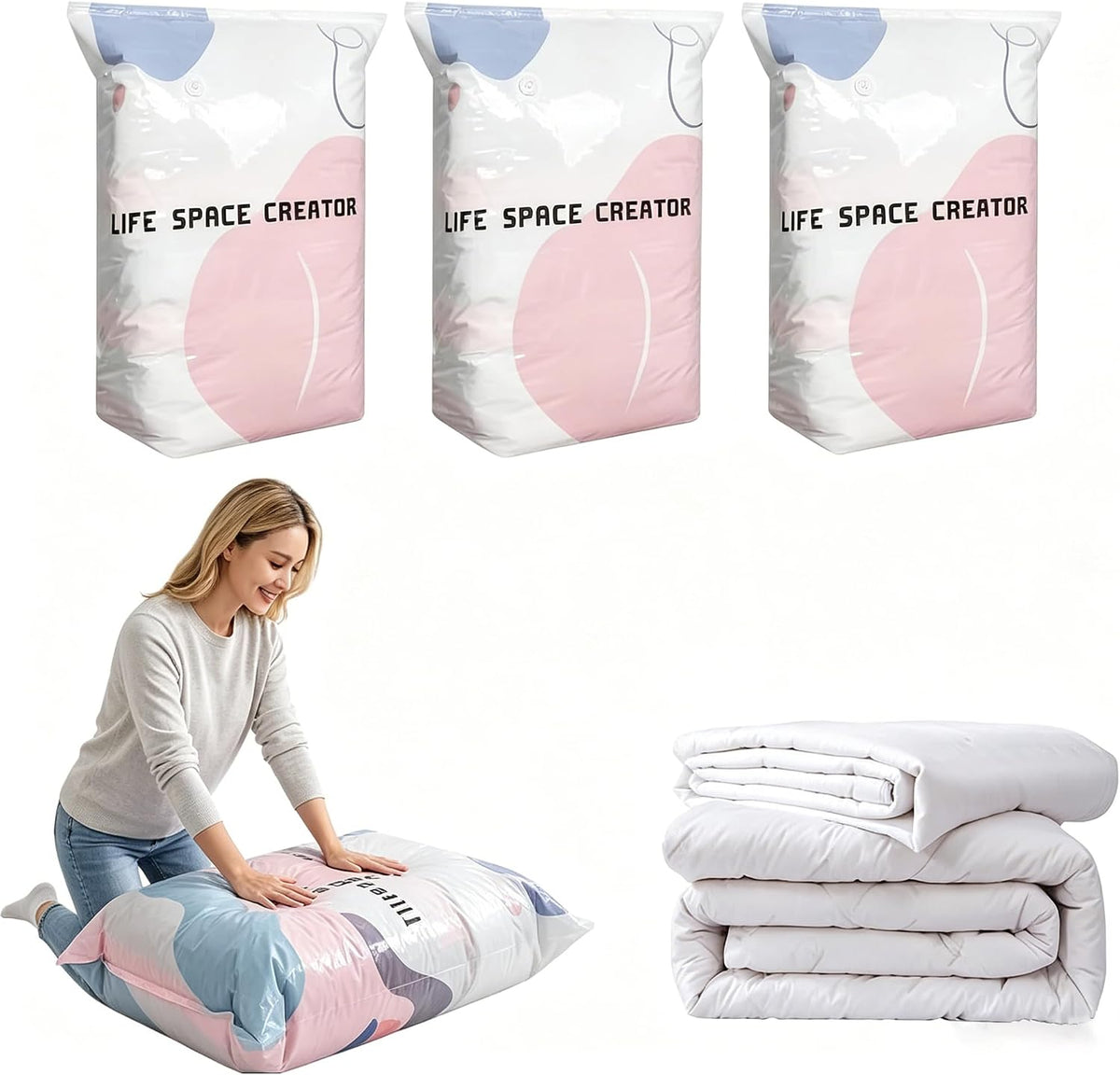 3 PACK No-Pump Cube Vacuum Storage Bags, 2026 New 3D Space Saver Compression Bags, Reusable Heavy-Duty Storage Organizer for Clothes, Bedding & Comforters, Travel & Home Use | 19.6"×27.5"×11.8"