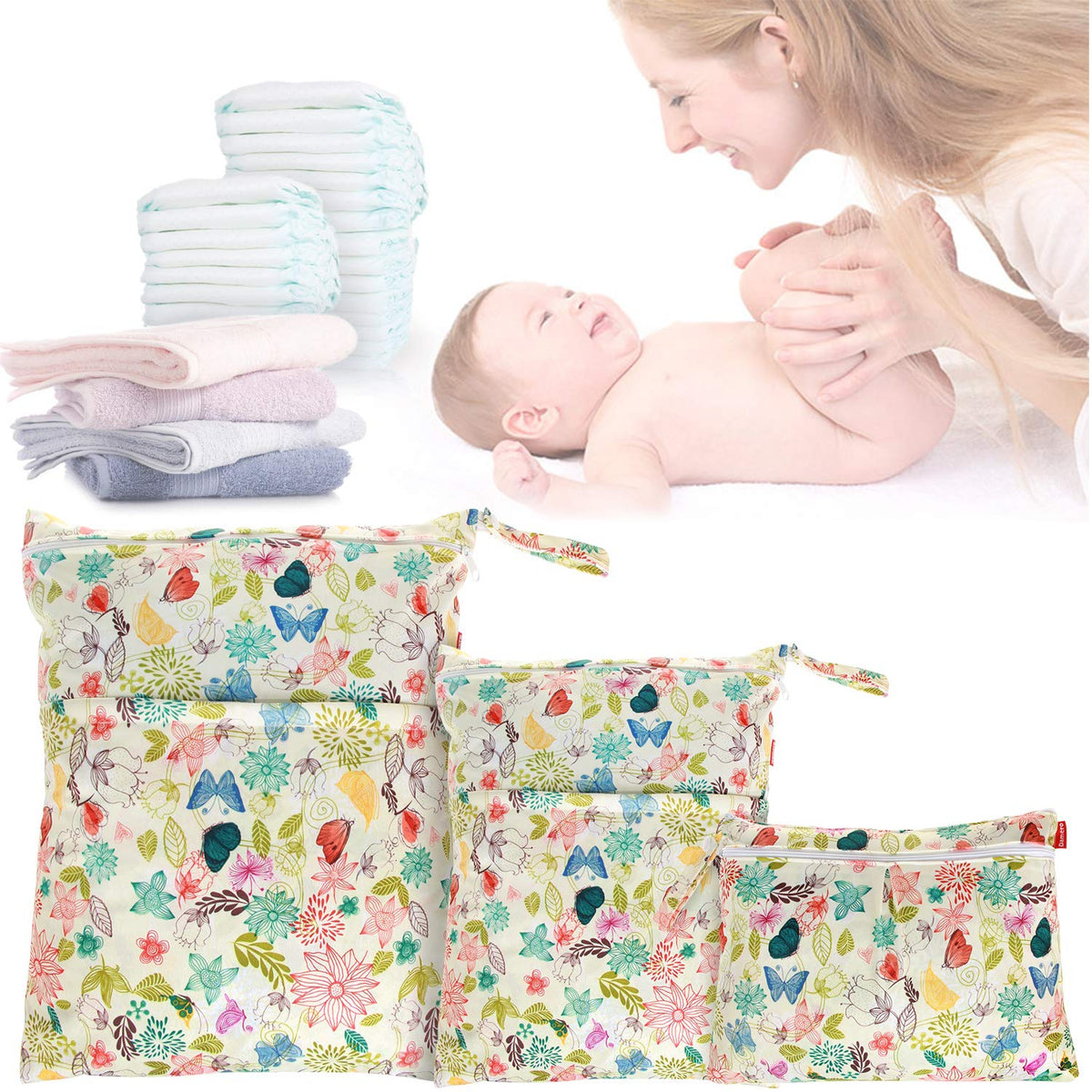 3pcs Travel Wet and Dry Bag Organizer with Handle for Cloth Diaper, Pumping Parts, Swimsuit and More, Easy to Grab and Go, Gray Chevron