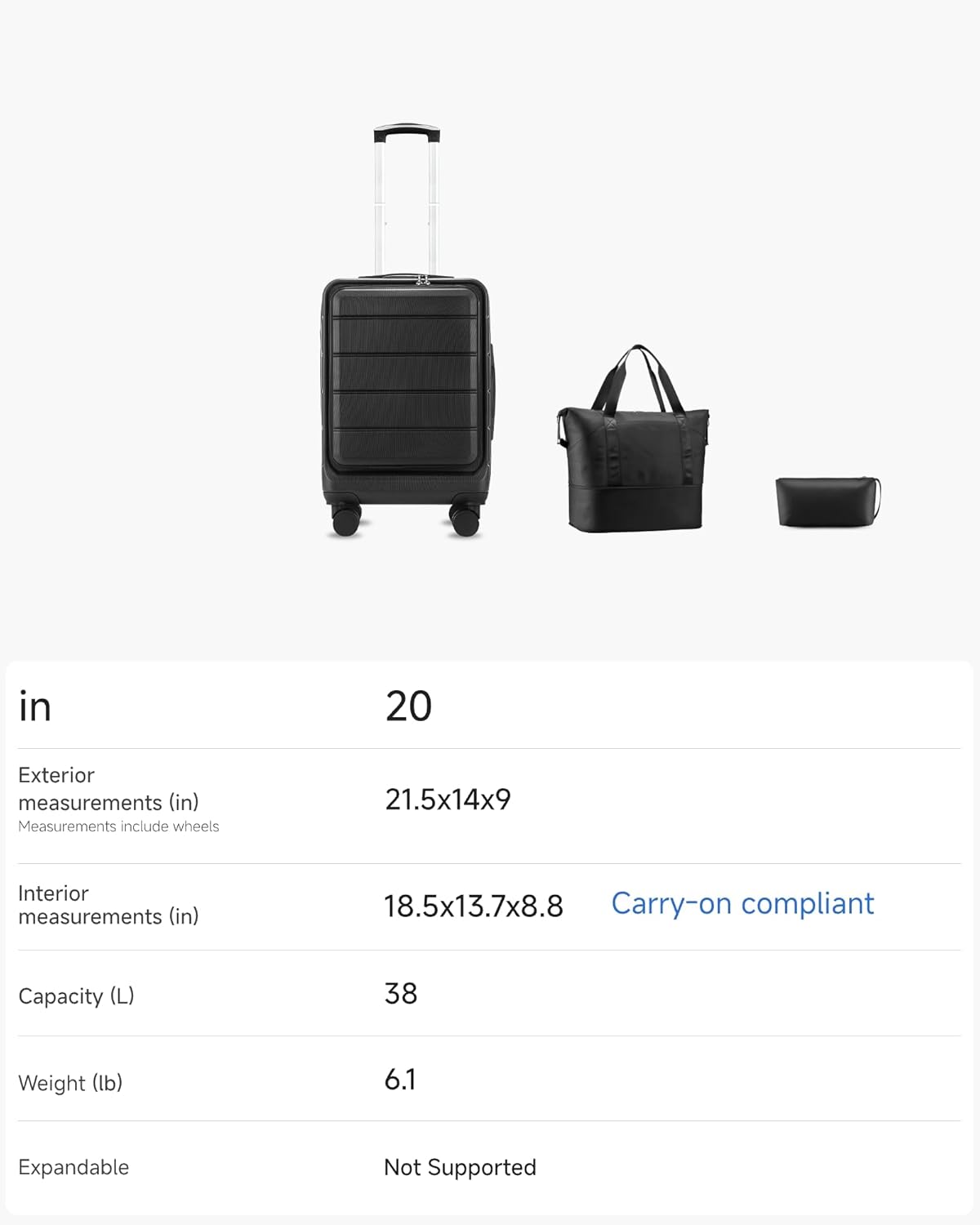 Carry On Luggage 22 x 14 x 9 Airline Approved, H1F Front Pocket Hardside Suitcase with Spinner Wheels, TSA Lock, Includes Tote Bag (FX-Lite, Black, Sets)