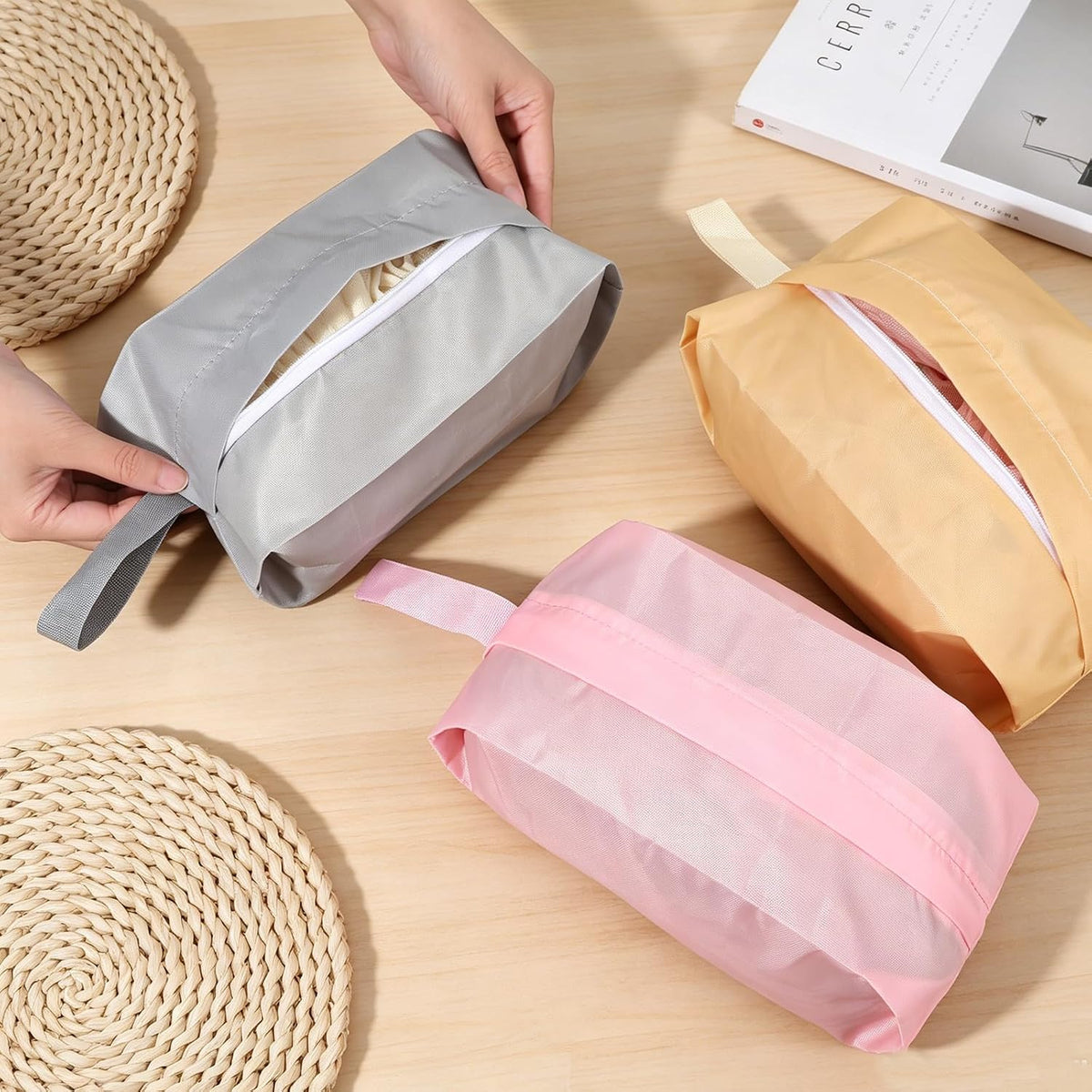 Portable 3PCS Travel Socks Underwear Organizer Bag with Zip, Compression Travel Toiletry Storage Bags with Handles Packing Pouches for Packing Cubes Suitcase Luggage Ties Panties Cosmetics