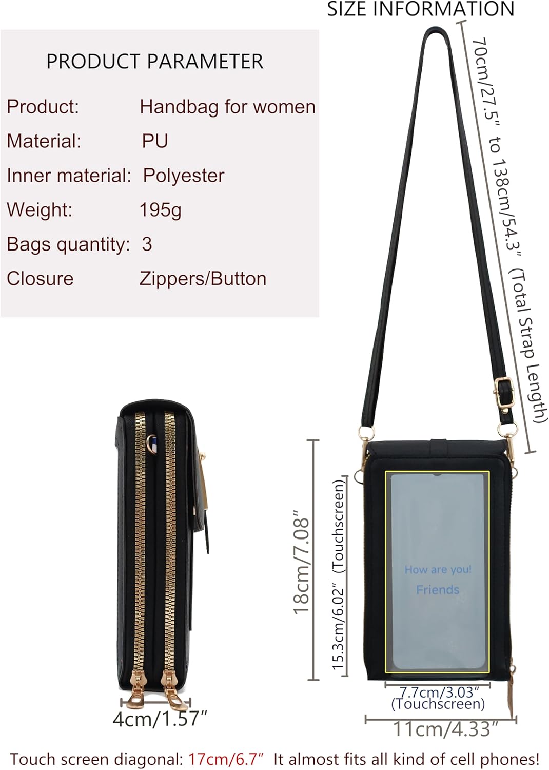 Anti Theft Cell Phone Purses for Women Small RFID Blocking Forever Young Crossbody Bag with Wallet PU Leather Shoulder Mini Bag Phone Wallet Card Slots Black Purse