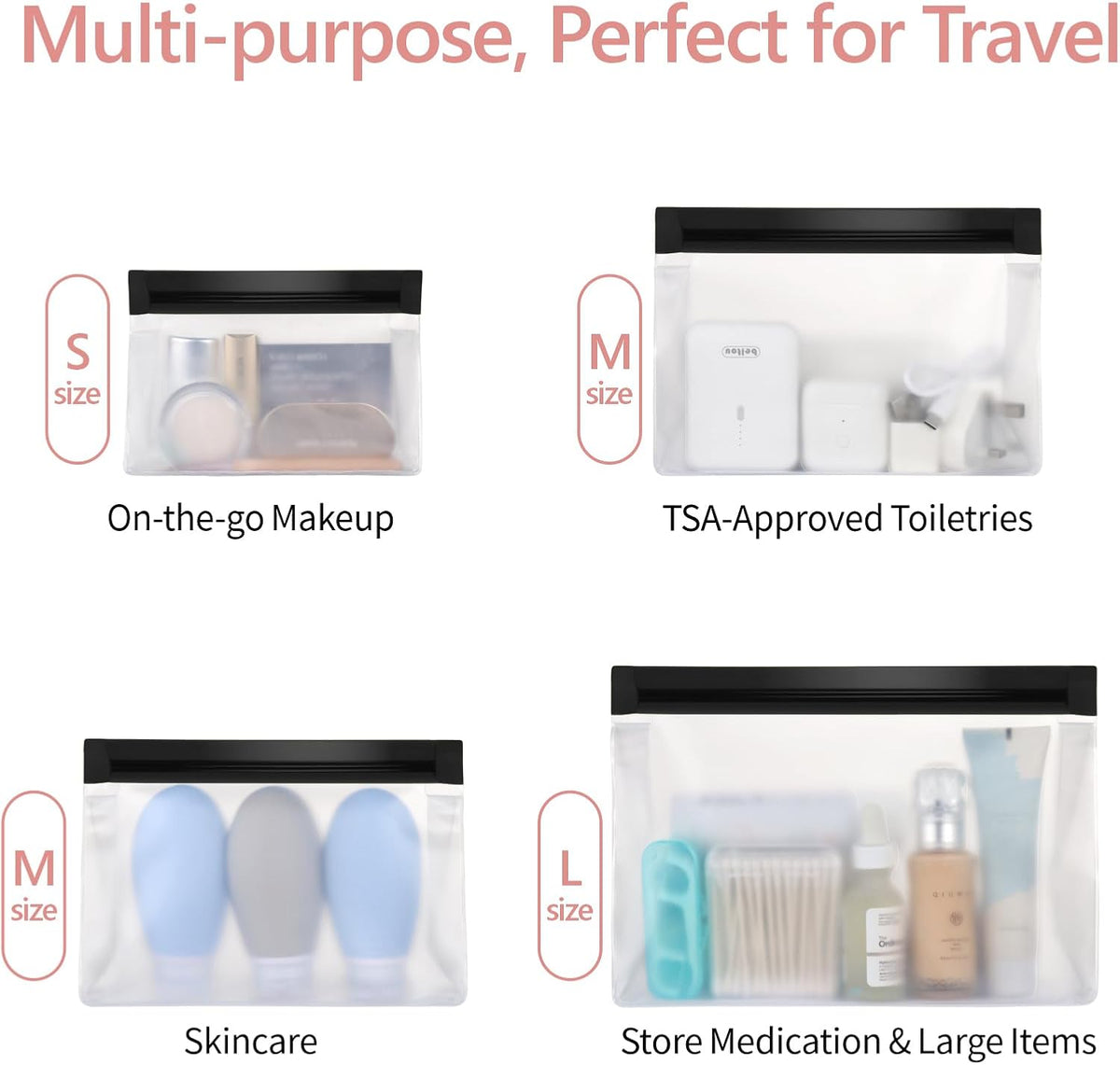 Leak Proof Clear Toiletry Bag - Sealed TSA Approved Toiletry Bag with Reinforced Seams, Reusable and Easy to Clean, Clear Travel Bags for Toiletries, Food-grade PEVA, 1L+1M+1S, White