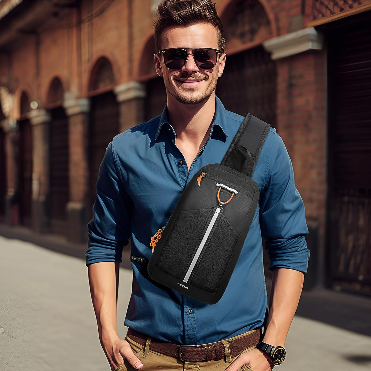 Sling Bag RFID Crossbody Sling Backpack for Women Men, Anti Theft Travel Hiking Daypack with Front Mesh Pocket One Shoulder Chest Bag, Black