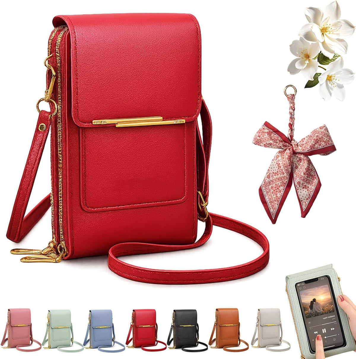Women's Touch Screen Mobile Phone Messenger Bag, Anti-Theft RFID Leather Crossbody Purse with Clear Window for Shopping