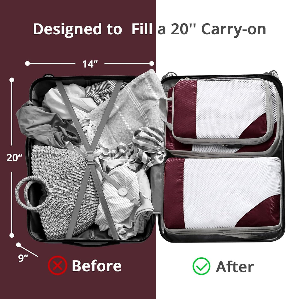 6 Set Compression Packing Cubes for Travel - Compressible, Lightweight, and Space-Saving Packing Cubes, Travel Essentials for Women, Grey