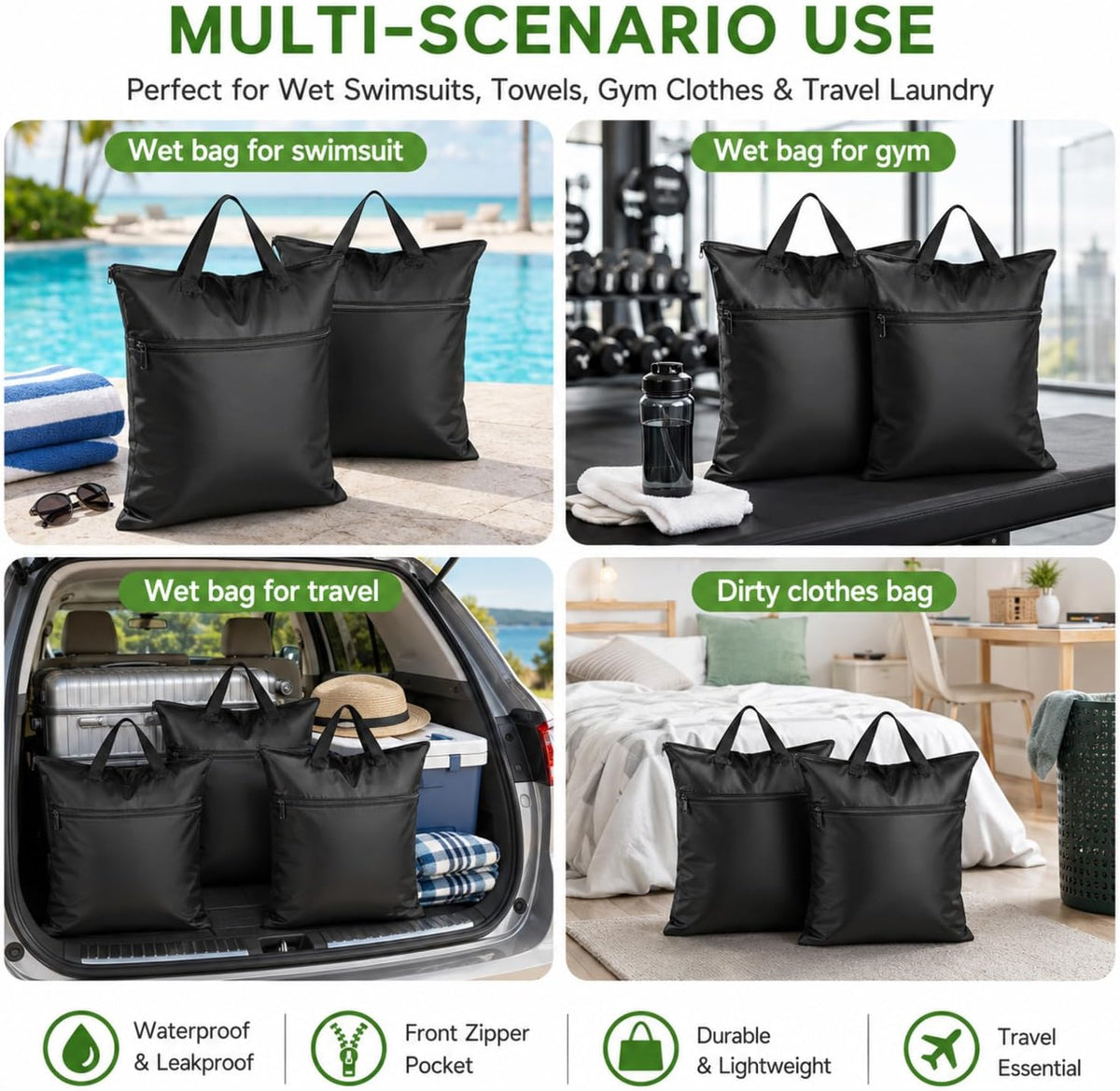 2 Pack Large Travel Laundry Bag 18" x 23" Wet Bag for Dirty Clothes Heavy Duty Waterproof Dry Bags with 2 Zippered Pockets Handle for Swimsuit Beach Camping Sports Gym Dorm Towel Home (Black)