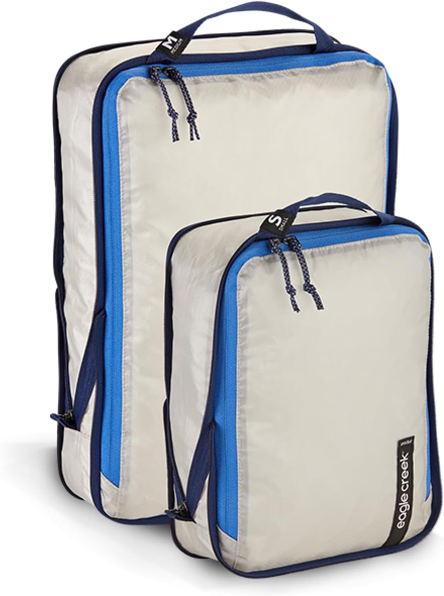 Pack-It Isolate Compression Packing Cubes for Travel Set S/M - 2 Lightweight, Water-Resistant Suitcase Organizer Bags with Compression Zip, Az Blue/Grey