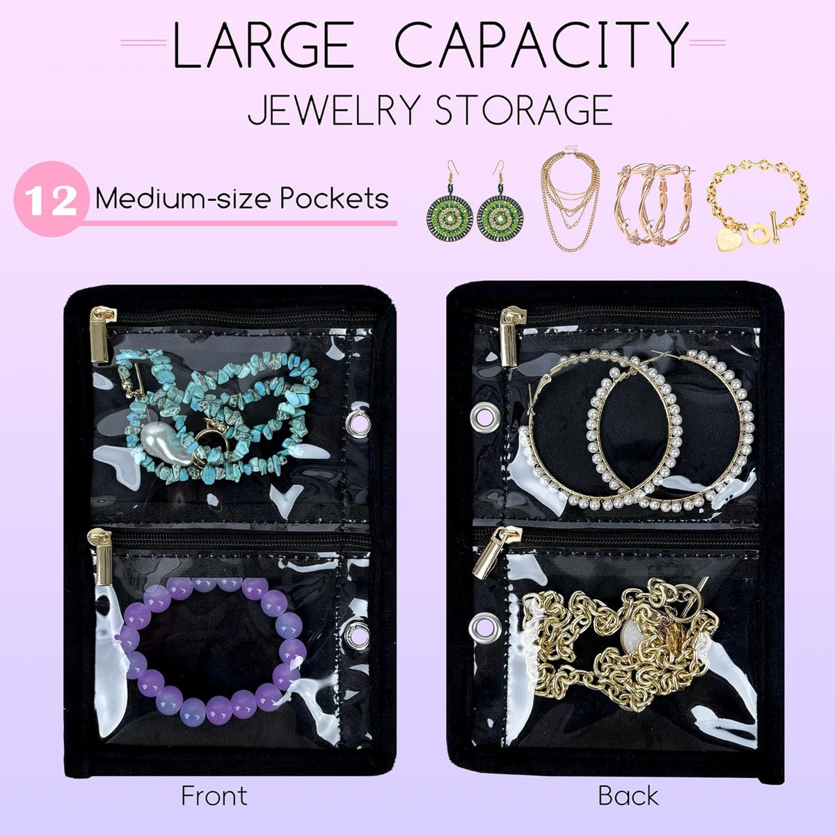 Travel Jewelry Organizer Case,Small Jewelry Bags Jewelry Storage Book Ring Binder with Clear Zipper Velvet Pouch for Traveling