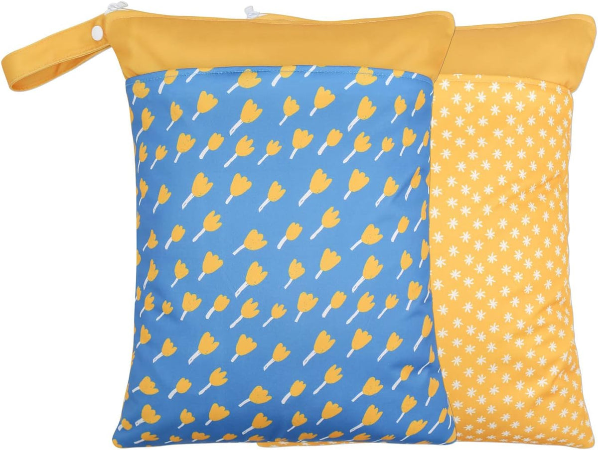 2 Pack Wet Dry Bags for Baby Cloth Diapers&Breast Pump Parts, Waterproof Reusable Wet Bag with Two Zippered Pockets & Handle, Beach Pool Gym Bag Stroller Yoga Toiletries Daycare Organizer for Swimsuit Wet Clothes, 11.8 inch x 15.7inch