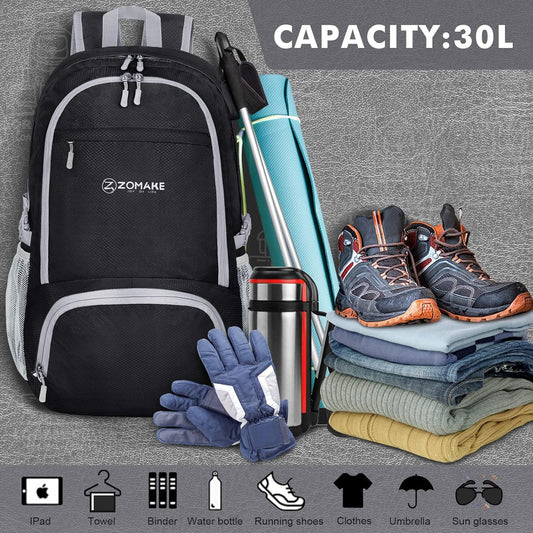 Lightweight Packable Backpack 30L, Foldable Hiking Backpacks Water Resistant Compact Folding Daypack for Travel(Light Blue)