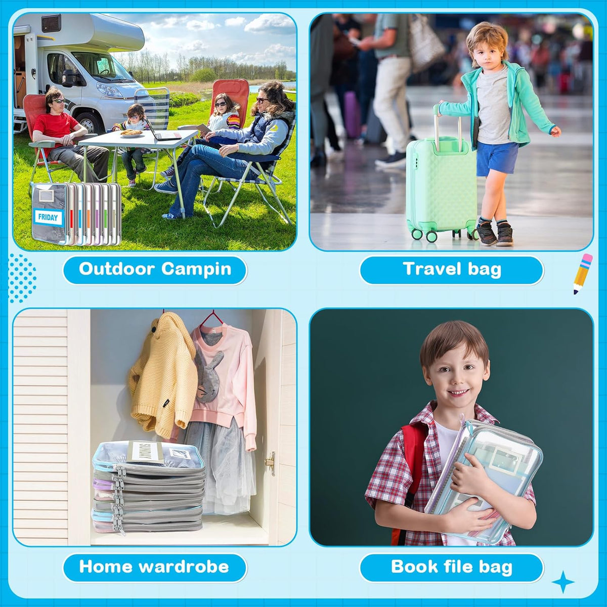 Packing Cubes for Travel Kids Days of Week Packing Cubes with Labels Clear Zippered Storage Bag for Kids Travel summer camp essentials