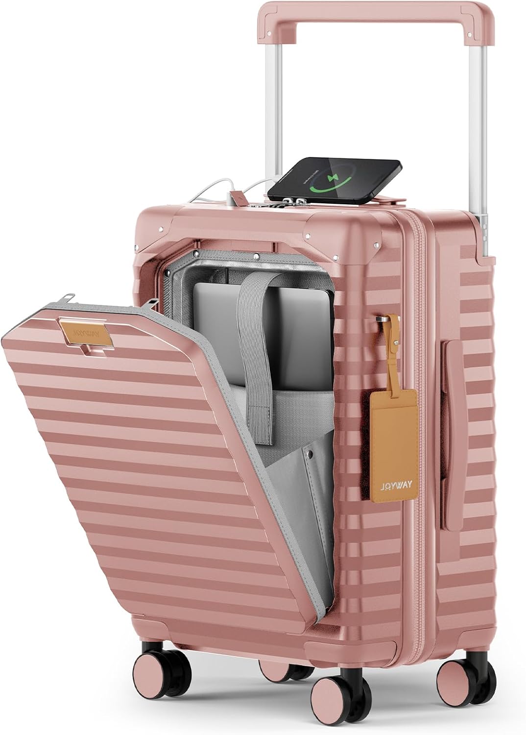 20 Inch Carry on Luggage with Front Pocket, PC Hardshell Carry-on Suitcase with USB Port and Cup Holder, 21.5x14.2x9 Airline Approved, Luggage with Spinner Wheels and TSA Lock (Rosa Gold)