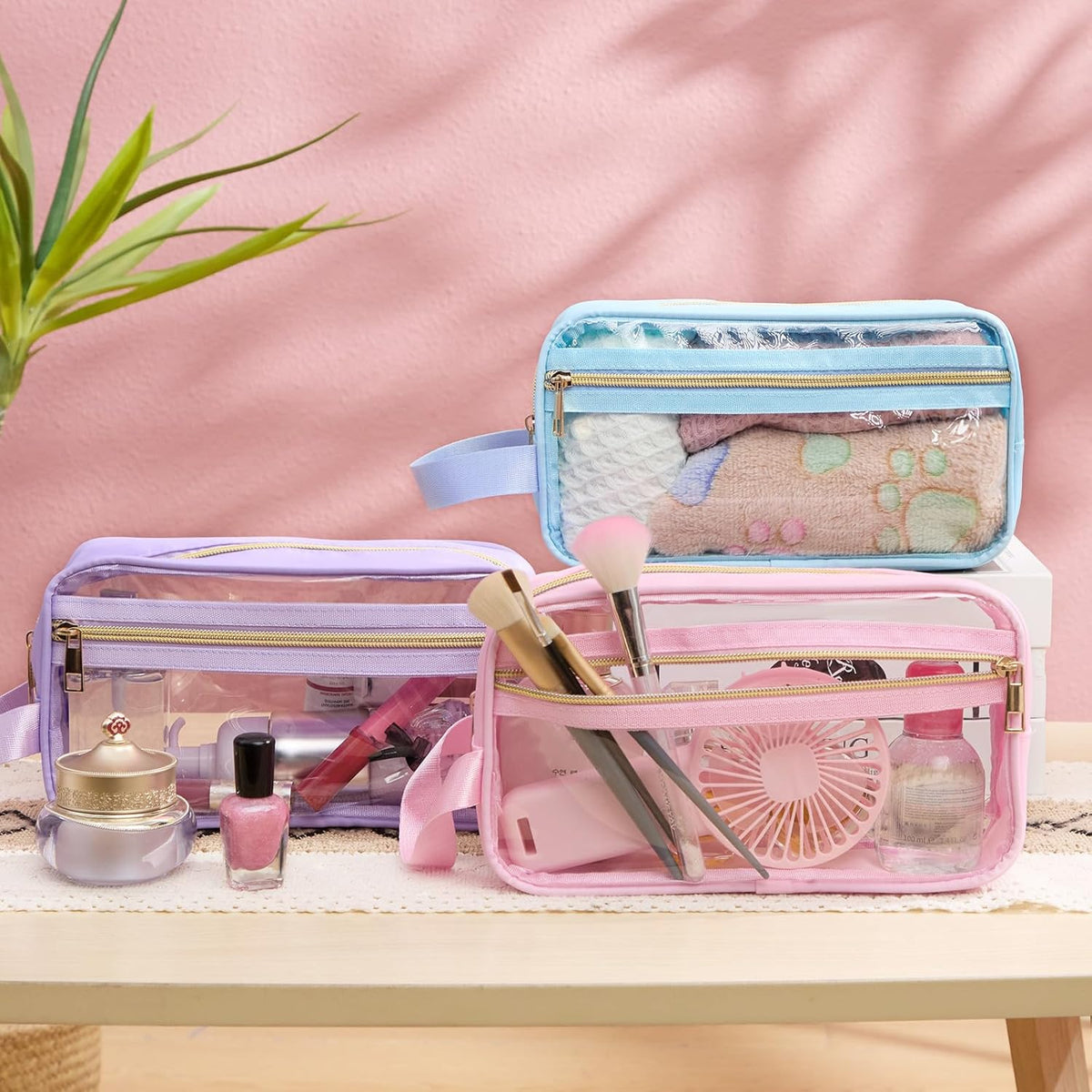 3 Pcs Clear Makeup Bags Tsa Approved Toiletry Bag with Handles Cosmetic Bags with Zipper Small Clear Travel Toiletry Bag for Women Carry-on Travel Essentials(Blue, Purple, Pink)