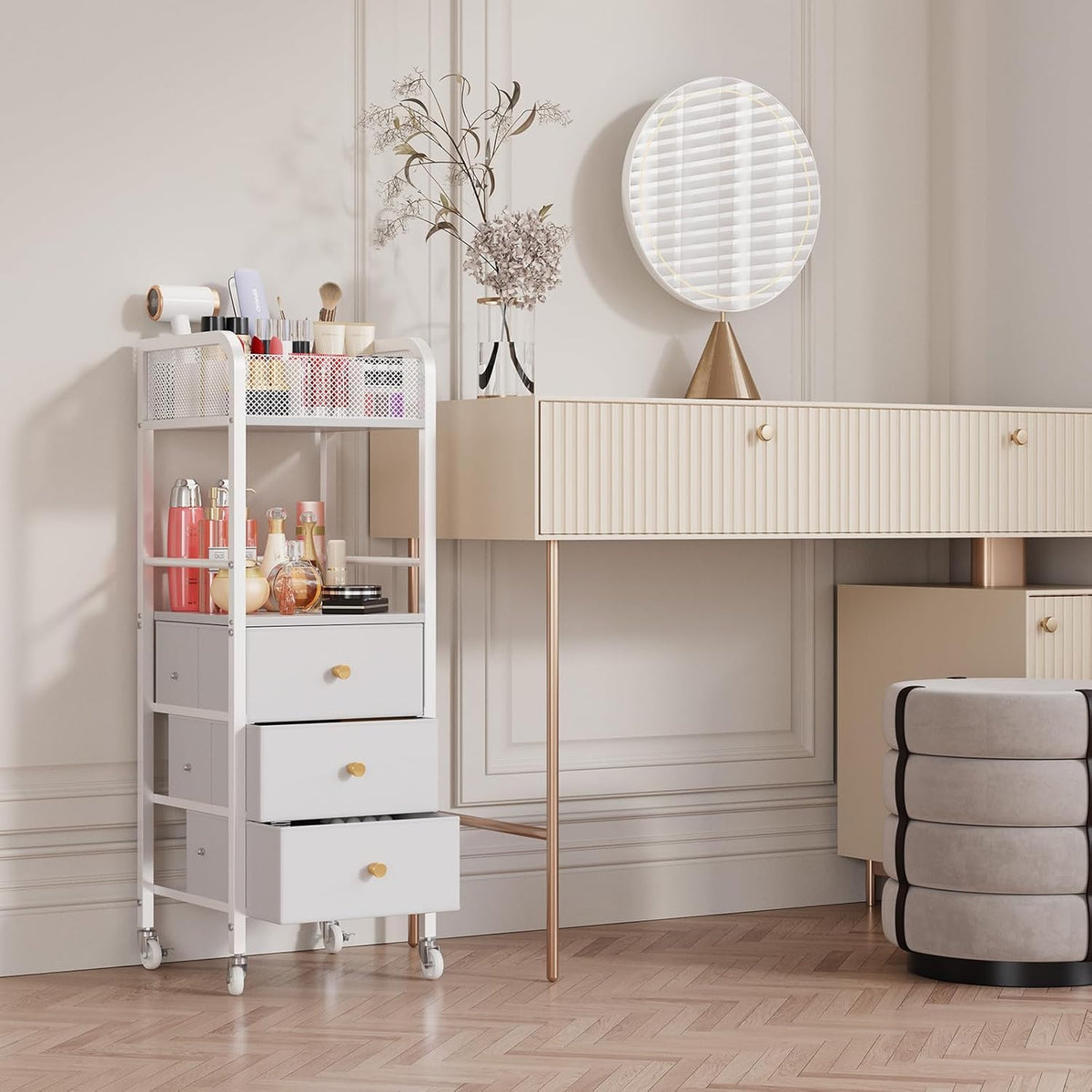 Rolling Makeup Cart Organizer - Floor Skincare Make Up Storage with 3 Non-woven Fabric Drawers, Vanity Organizer Cosmetic Display Cases Holder for Skin Care Perfume Nail Polish Brush Hair Tool