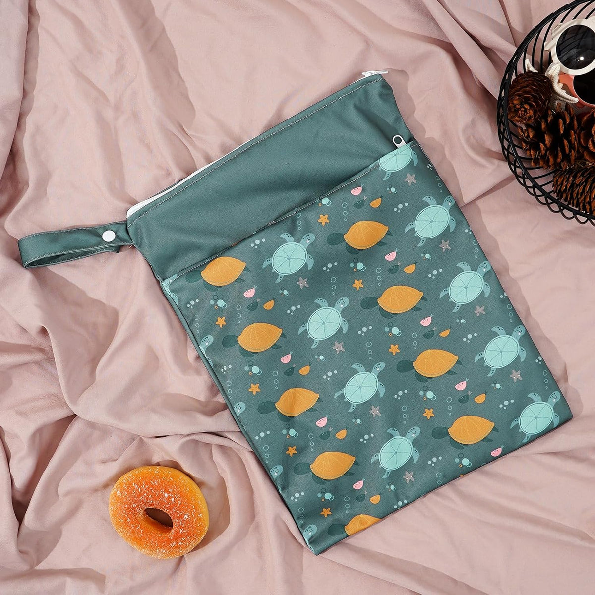 2pcs Wet Bags Waterproof Reusable Wet Dry Bag with Two Zippered Pockets Travel Beach Pool Daycare Yoga Gym Bag for Baby Cloth Diaper,Swimsuits,Wet Clothes (Turtles & Seagrass)