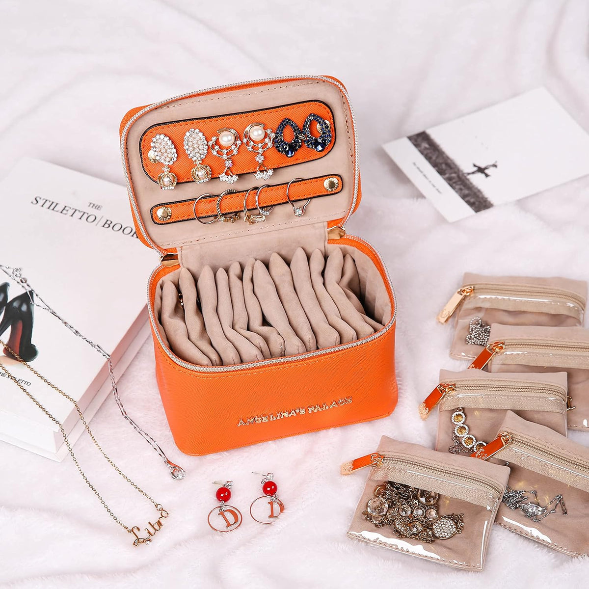 Jewelry Organizer Case Bridesmaid Gifts Travel Bag Vegan Leather Box for Necklace Earring Bracelet Ring(champagne)