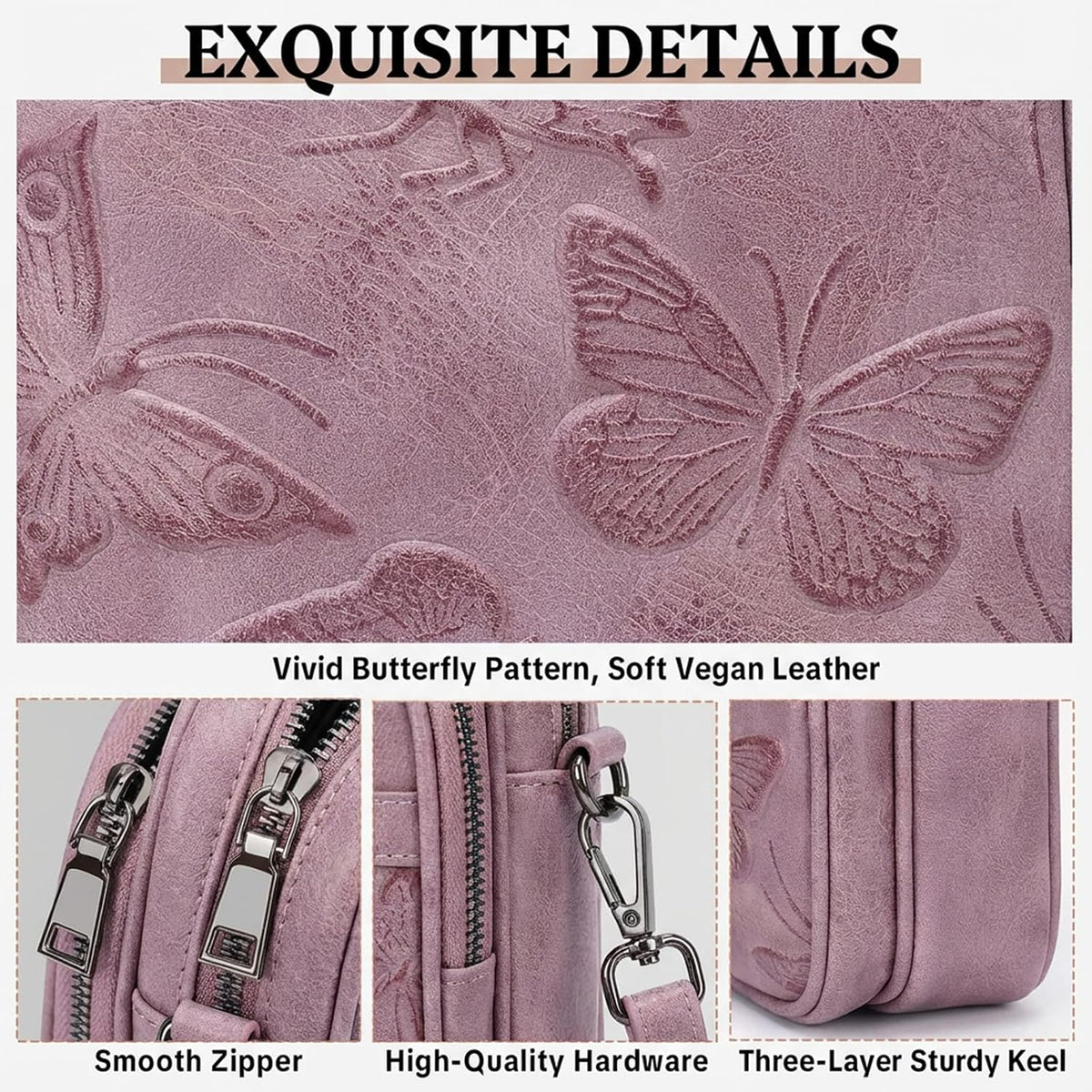 BELTANA Small Crossbody Bags for Women, Lightweight RFID Cell Phone Purse | Soft vegan leather, butterfly pattern, adjustable strap, triple compartments, perfect for travel & daily use, gift for women