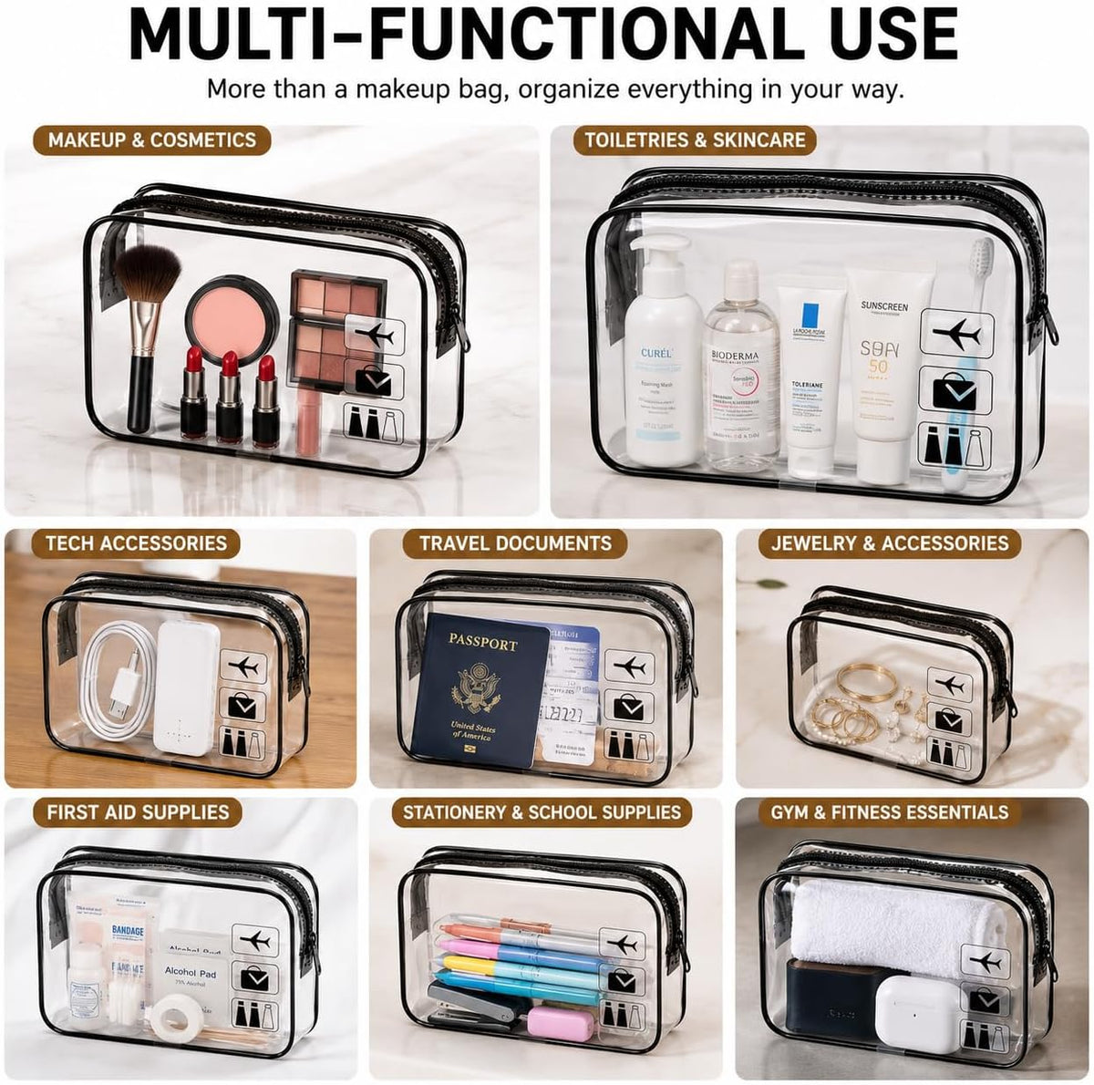 5 Pack Clear Toiletry Bag Clear Makeup Bag Zipper Toiletry Pouch | Includes 2S 2M 1L PVC Cosmetic Pouches with Zipper for TSA Toiletry Bag Set Travel Packing and Daily Organization