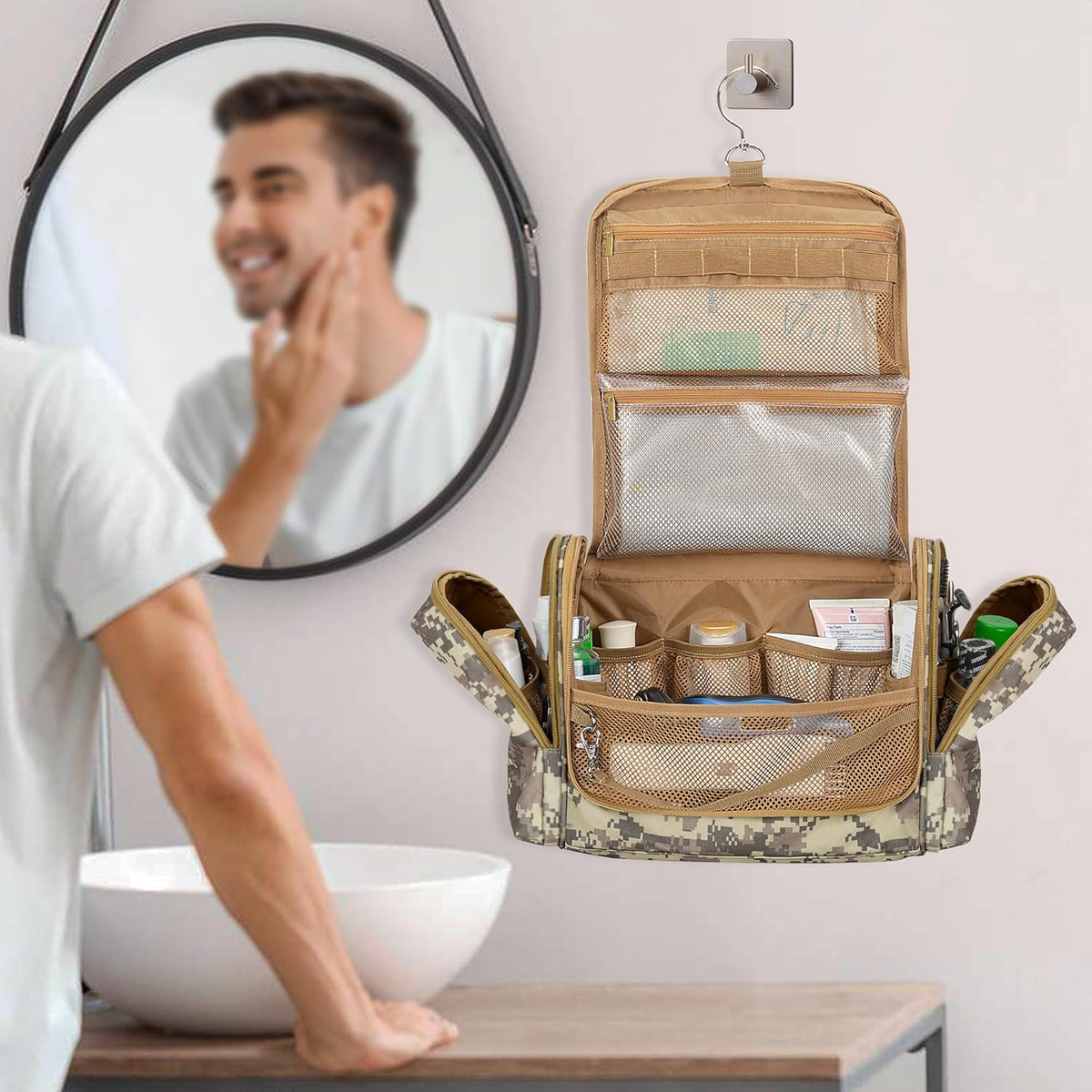 Tactical Toiletry Bag for Men, Large Hanging Dopp Kit Hygiene Bag | Travel Toiletry Bag with Hook, Dry & Wet Pockets, Shower Bag for Toiletries, Grooming, Shaving Care & Travel Essentials