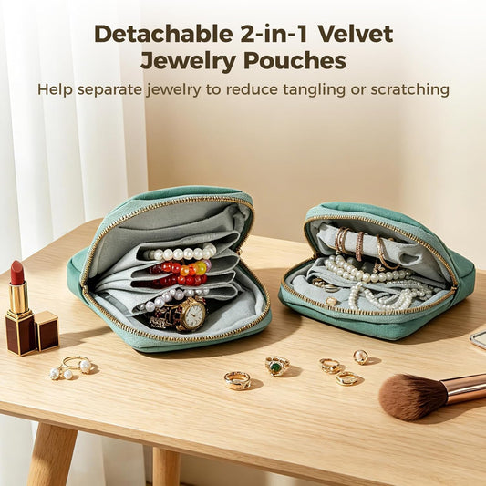 2 Pcs Travel Jewelry Case Set, Detachable 2-1n-1 Velvet Jewelry Organizer Pouch with Zipper, Portable Small Jewel Storage Bag for Rings Earrings Bracelets Watch Lipstick