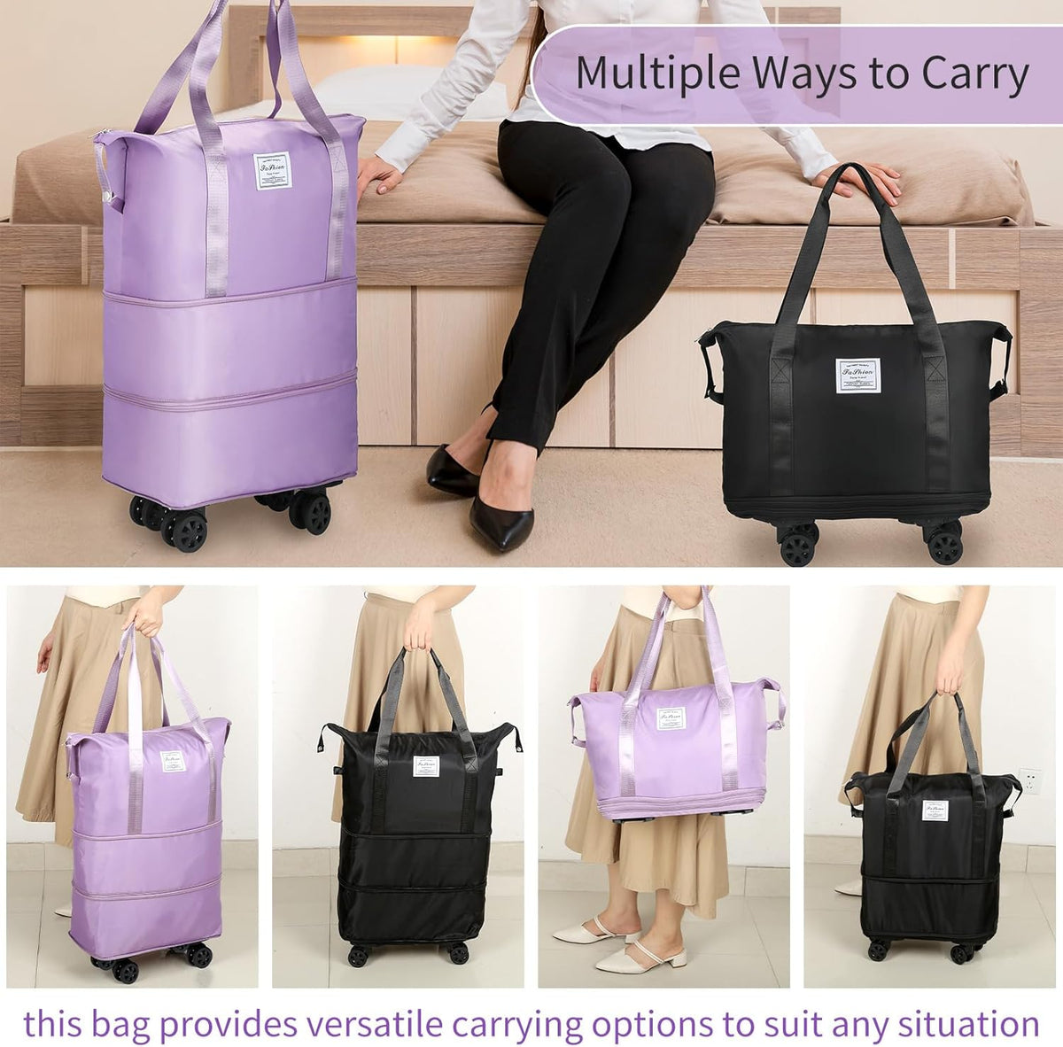 Rolling Duffle Bag, Expandable Foldable Carry On, Large Weekend Bag with Spinner Wheels, 28-58L, Purple