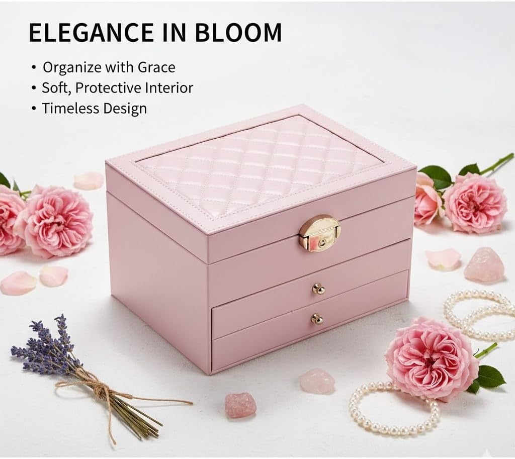 Large Jewelry Box Organizer for Women, 3 Layer PU Leather Jewelry Lockbox with Drawers, Travel Jewelry Case for Rings, Earrings, Necklaces, Bracelets & Accessories (Green)
