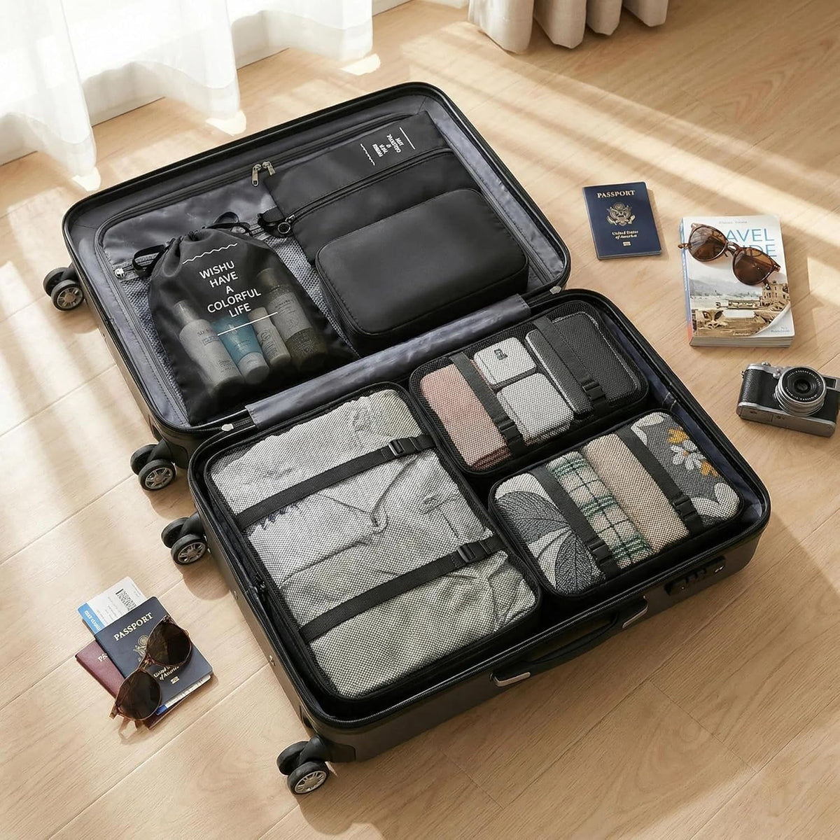 7 Set Compression Packing Cubes for Travel Essentials,Compressible Expandable Large Luggage Suitcase Organizer Bags for Clothing,Durable Space Saver Storage Bags with Toiletry Bags (Black)
