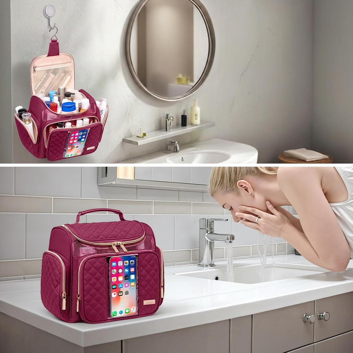 Large Leather Toiletry Bag for Women Men,Bathroom Bag,Water Resistant Shower Bag,Makeup Bag,Portable Shower Caddy for College Dorm,Hanging Travel Toiletry Bag with Transparent Waterproof Phone Pocket