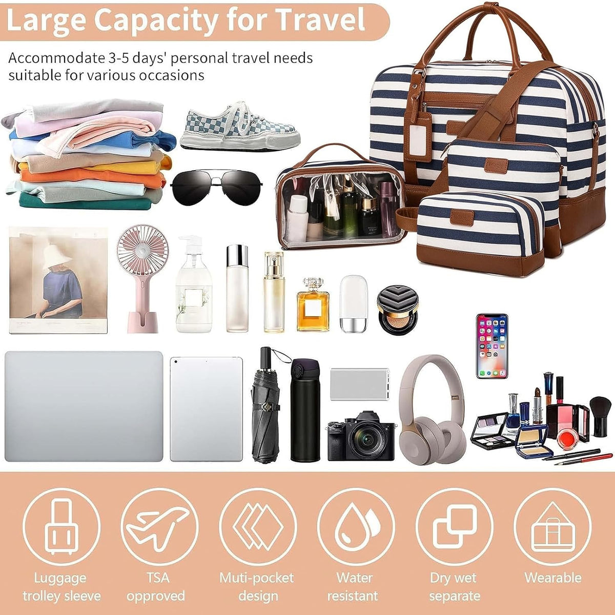 4PCS Weekender Bags for Women Large Overnight Weekend Travel Duffel Carry on Shoulder with Shoe Compartment Canvas Toiletry Bag for Travel Business Gym
