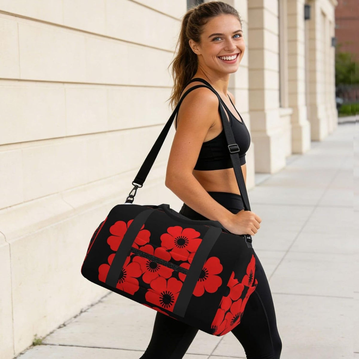 Red Poppy Duffel Bag with Shoe Compartment-Sports Gym Weekender for Men Women, Waterproof Travel Tote with Wet Pocket for Dirty Shoes
