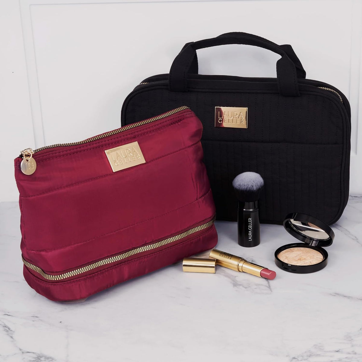 NEW YORK Quilted Makeup Bag with Brush Case, Burgundy - Toiletry Bag Organizer for Travel - Large Capacity Full Size Makeup Bag - Easy to Clean